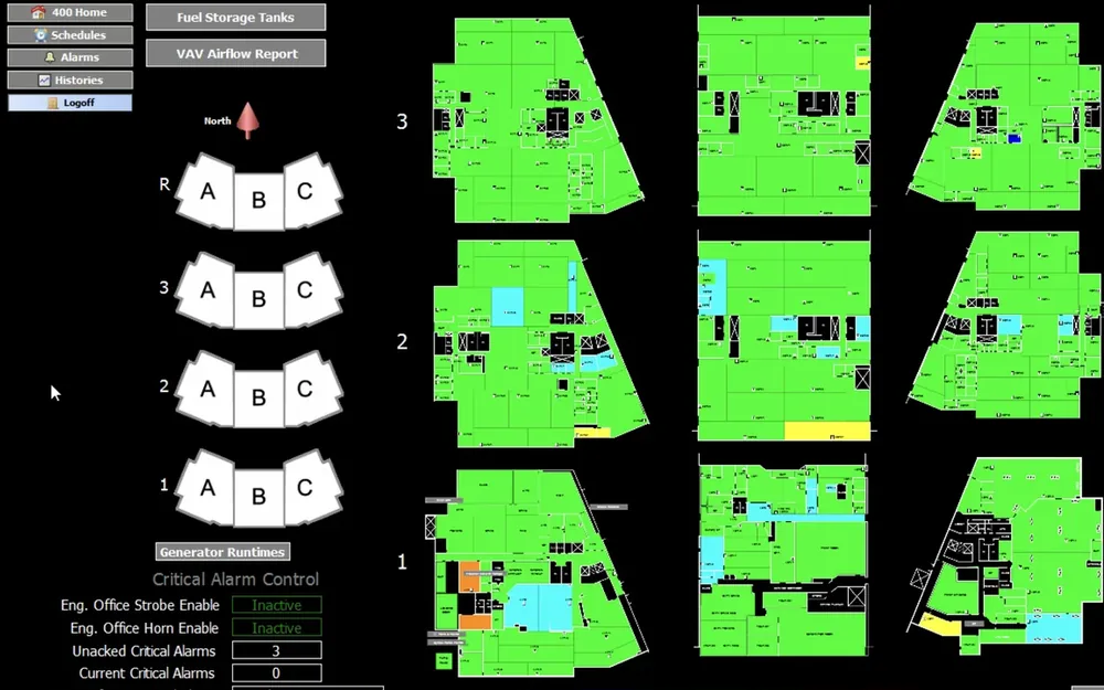 An FMC front-end home view: navigation, an index of levels and wings, and every floor plan in the building shaded by zone condition