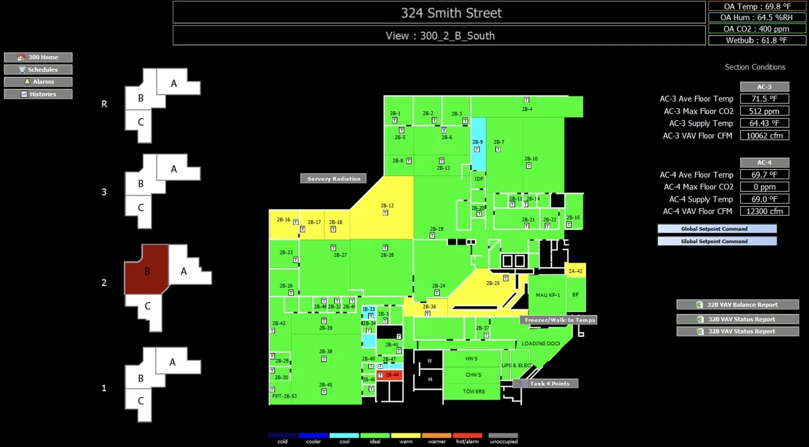 An FMC energy management system operator graphic: a thermographic floor plan with every zone color-coded for comfort, with temperature and airflow readouts, readable from any browser