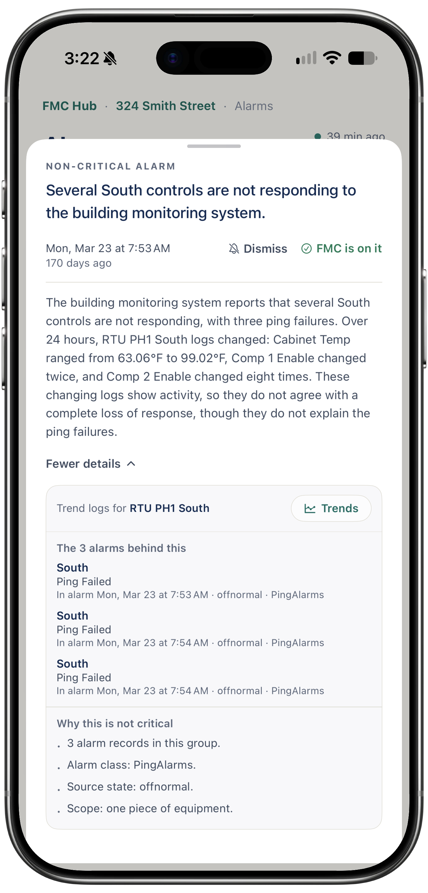 The same non-critical alarm expanded in the FMC Customer Hub on a phone: trend logs for RTU PH1 South with a Trends button, the three South ping-failure alarms grouped behind it, and a “why this is not critical” list giving the alarm class, source state and scope